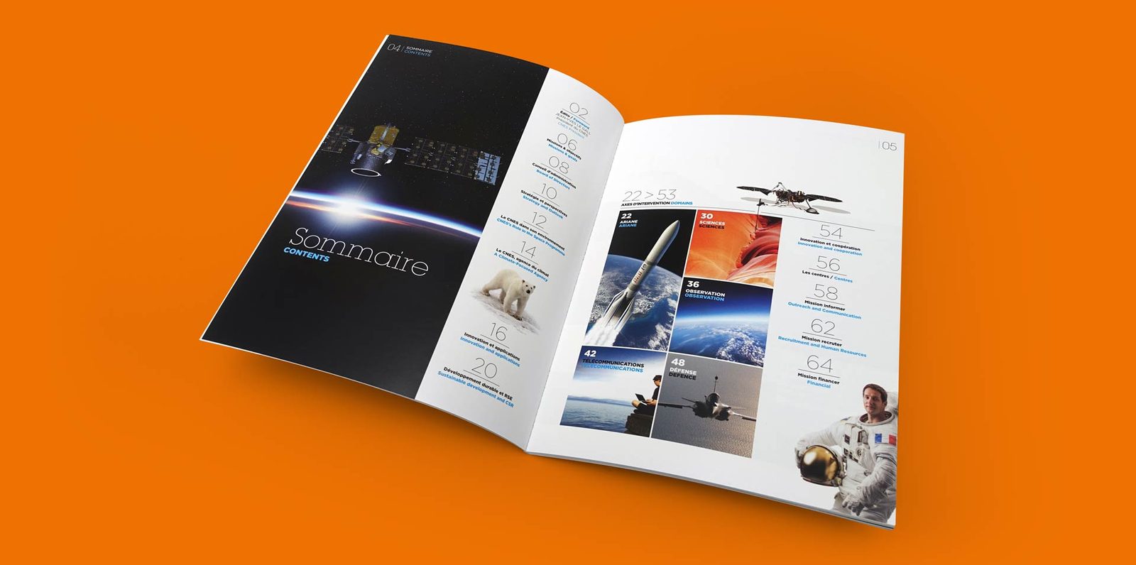 Rapport annuel du CNES conçu par O’communication, double page de sommaire