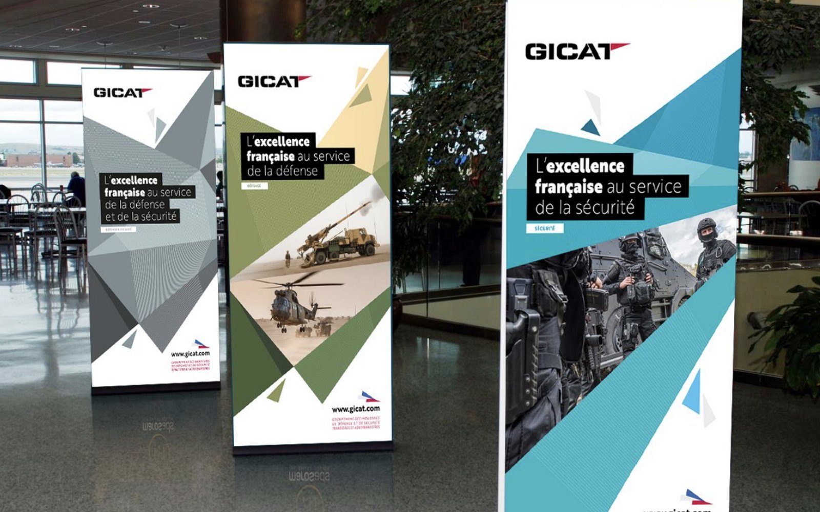 GICAT roll-up banners in three versions (defence and security, defence, security), in the brand guidelines designed by O’communication
