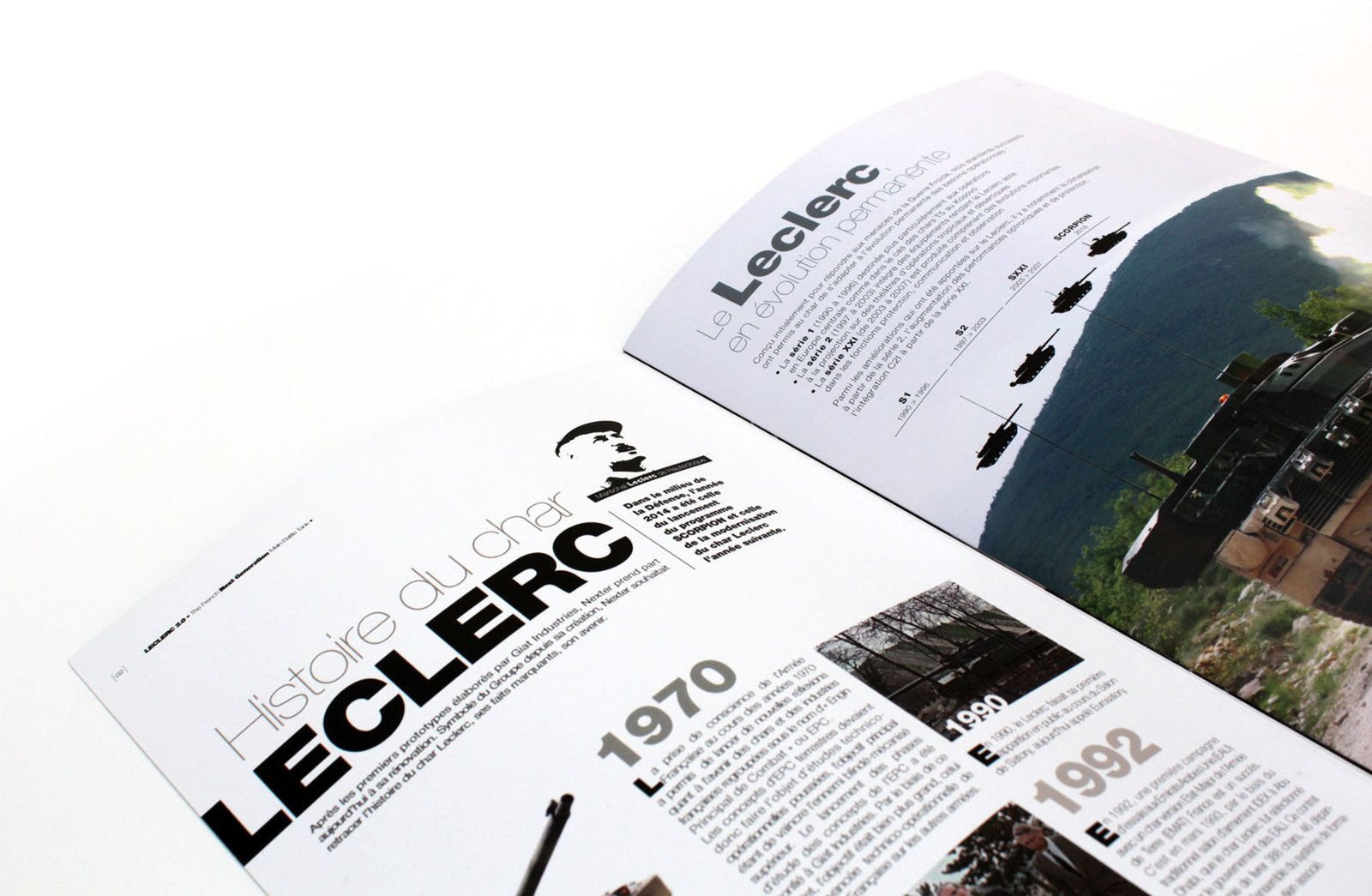 Next-generation Leclerc tank brochure designed for Nexter, “History of the Leclerc” spread