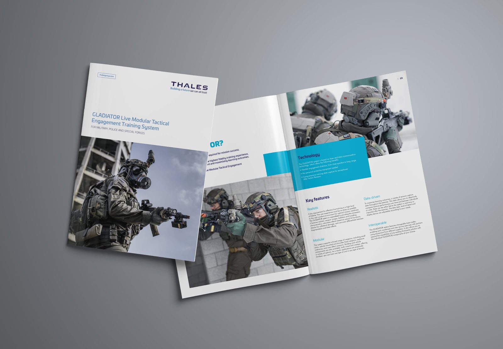 Thales product brochure for the GLADIATOR training system: cover and inner spread